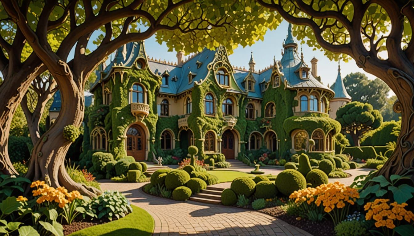 Whimsical Art Nouveau Garden with Ornate Architecture