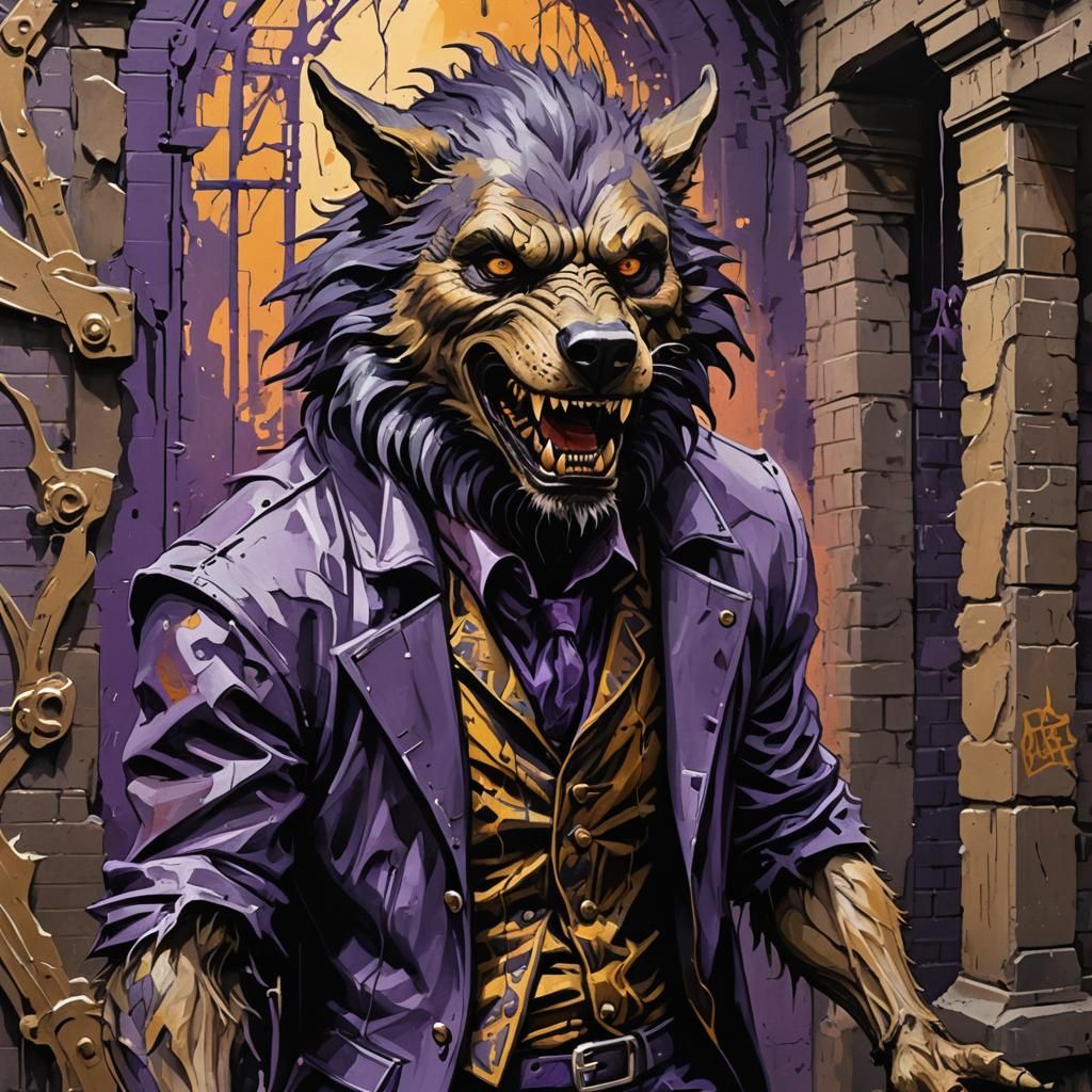 Gothic Werewolf Gouache Painting in Zoo Enclosure