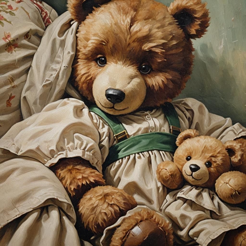 Teddy Bear and Sleeping Child in Oil Painting
