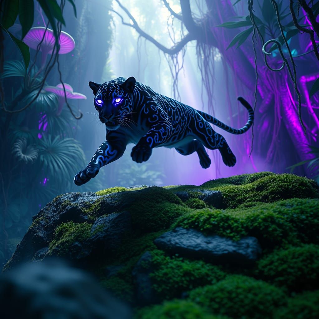 Bioluminescent Panther Leaps in Alien Jungle: Dreamy Slow Mo...