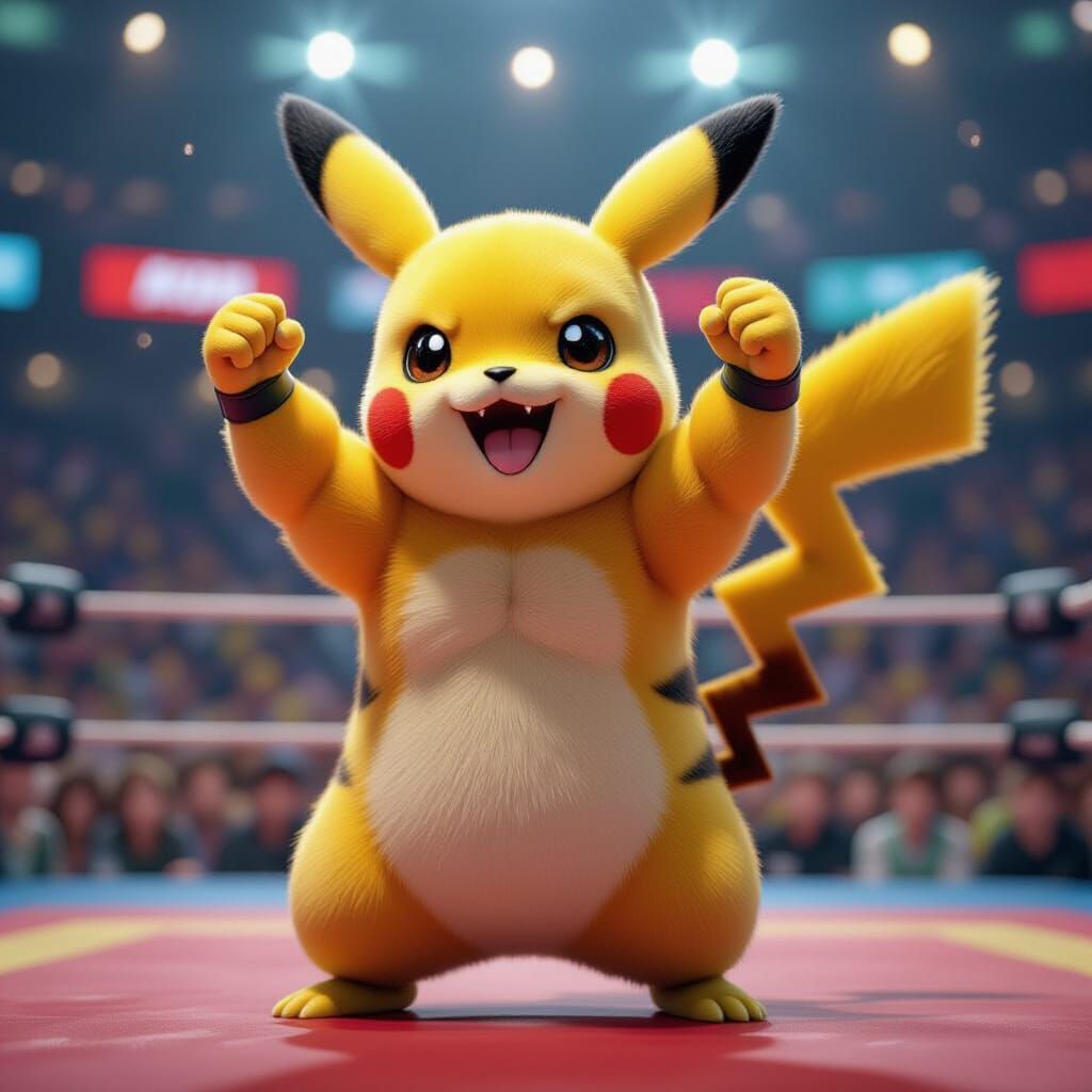 Triumphant Pikachu: Champion Wrestler Flexes After Victory