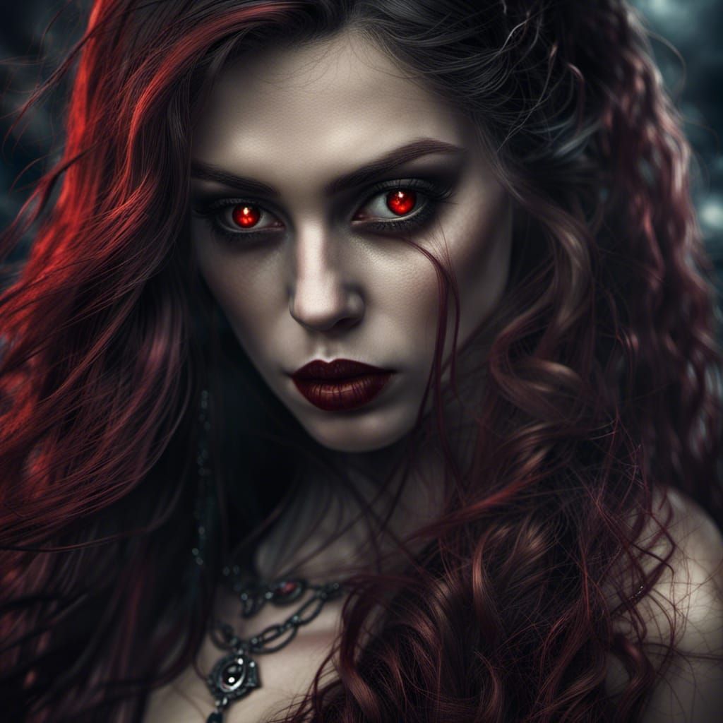 Hyperrealistic Female Vampire Portrait with Demon Eyes