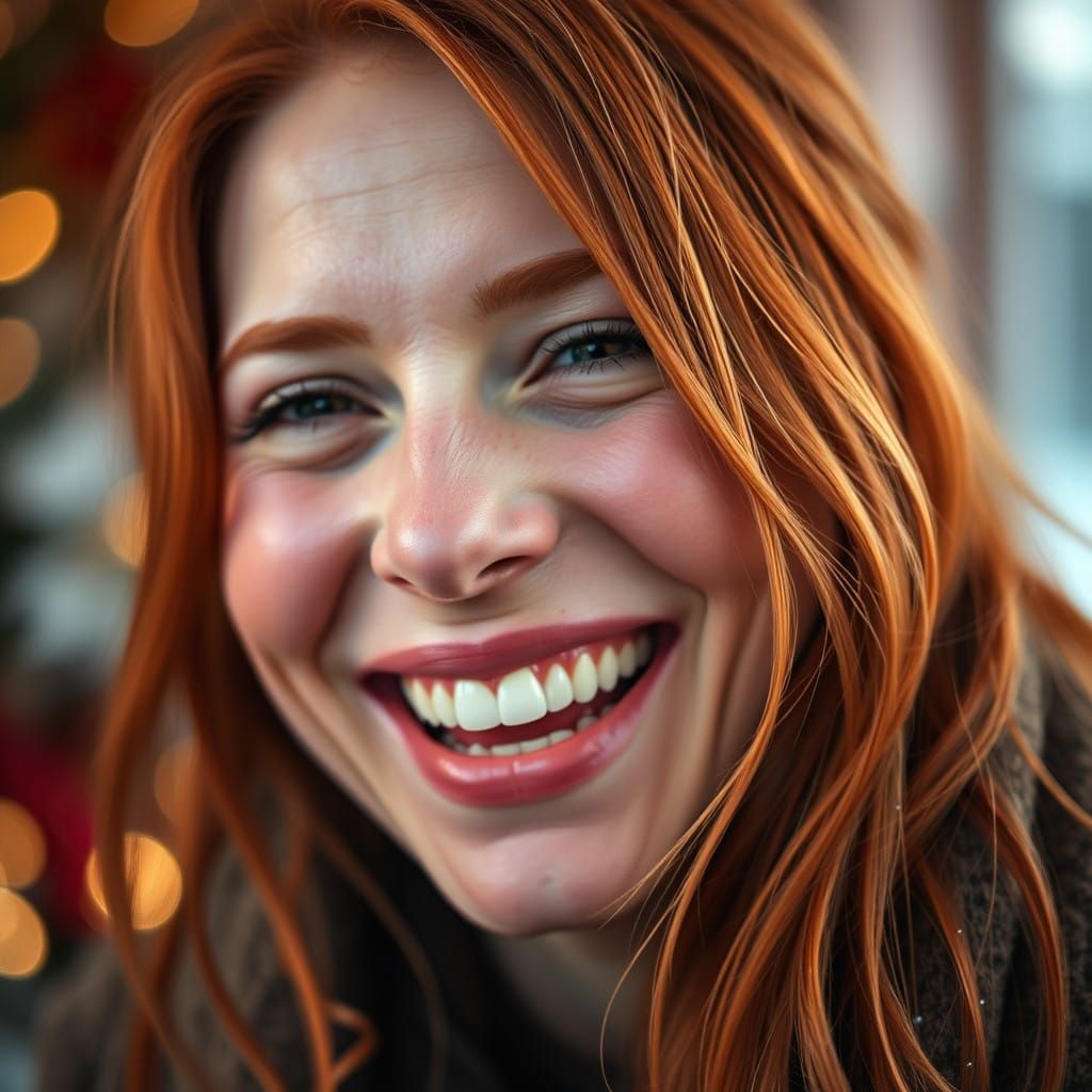 Radiant Red-Haired Woman Captured in Festive Winter Portrait