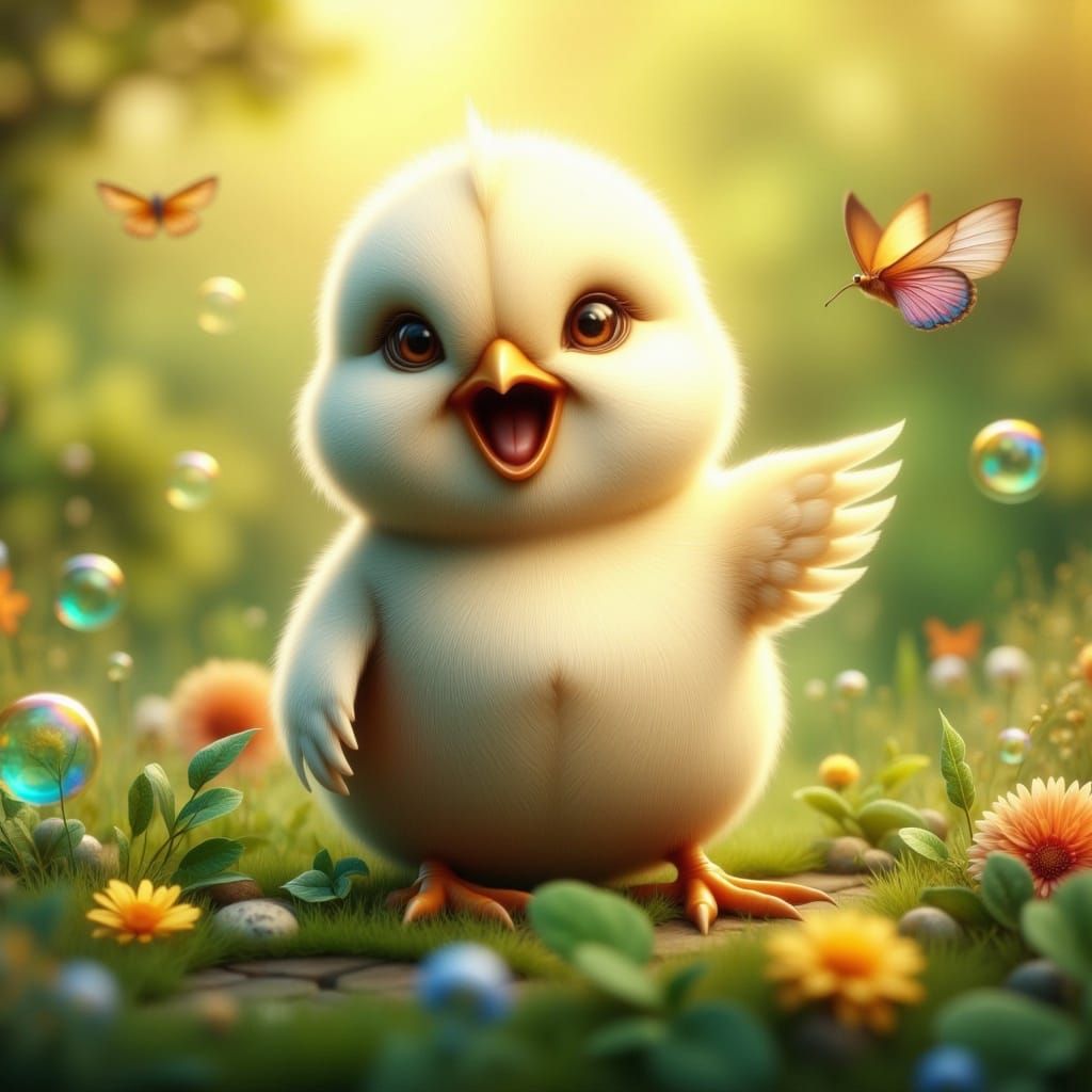 Cute Chick in Meadow, 3D Rendered Art