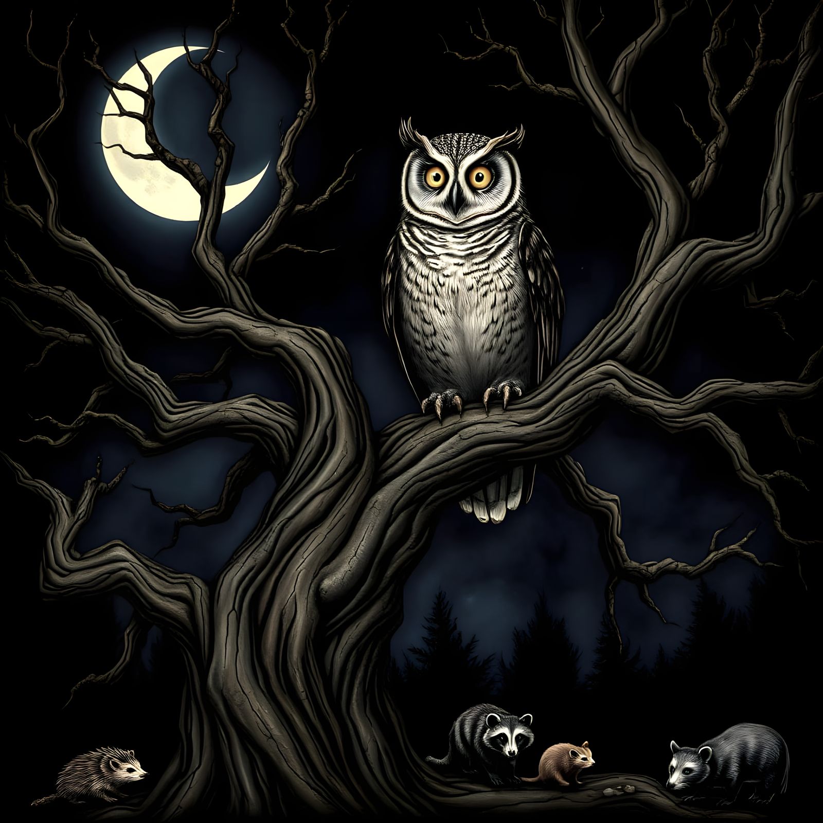 Owl in a Crescent Moonlit Tree