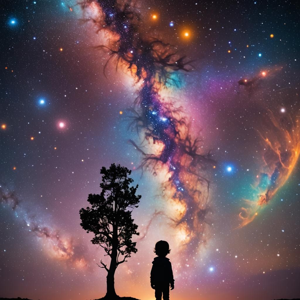 Child Silhouette Against Vibrant Earth and Galaxies