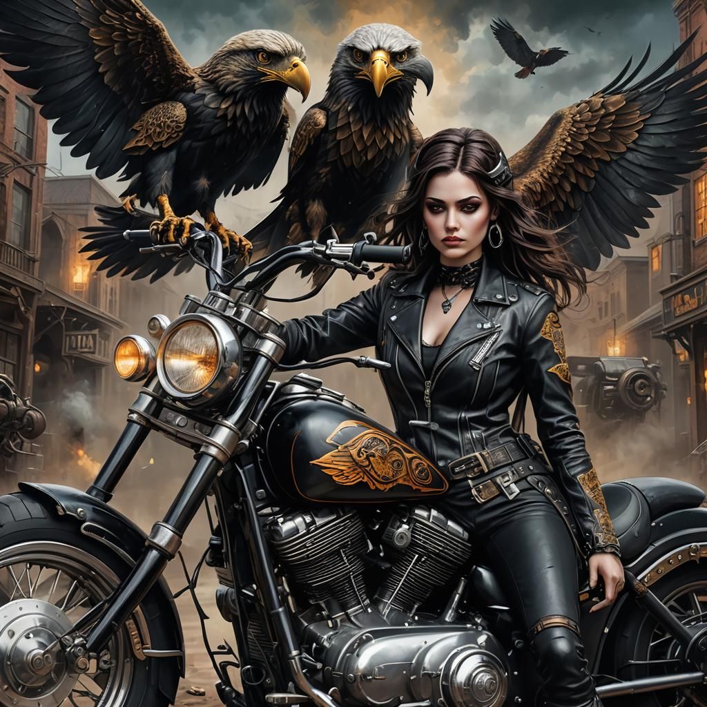 Gothic Lady with Steampunk Motorcycle: Digital Art