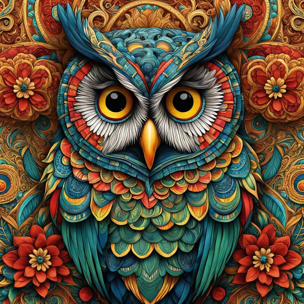 Floral Owl Zentangle Folk Art Illustration