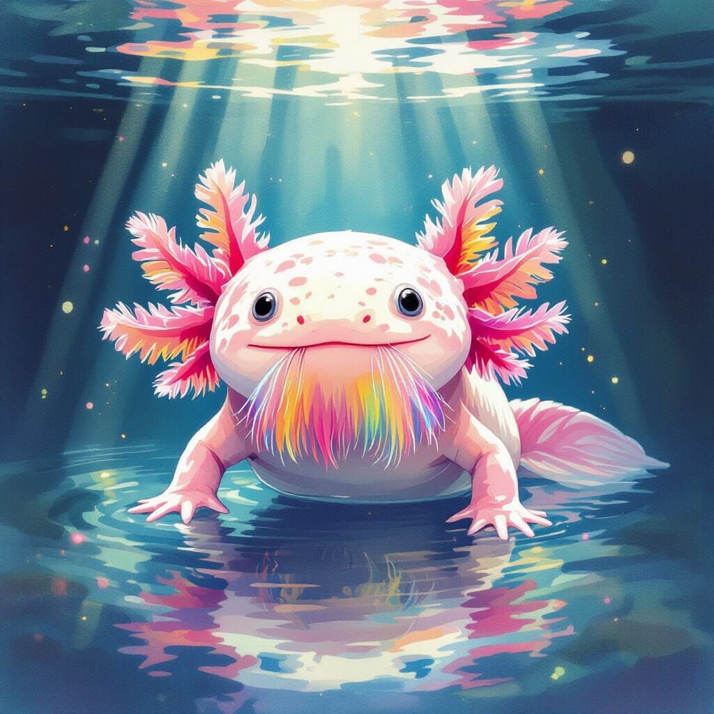 Axolotl with Rainbow Beard in Watercolor Style