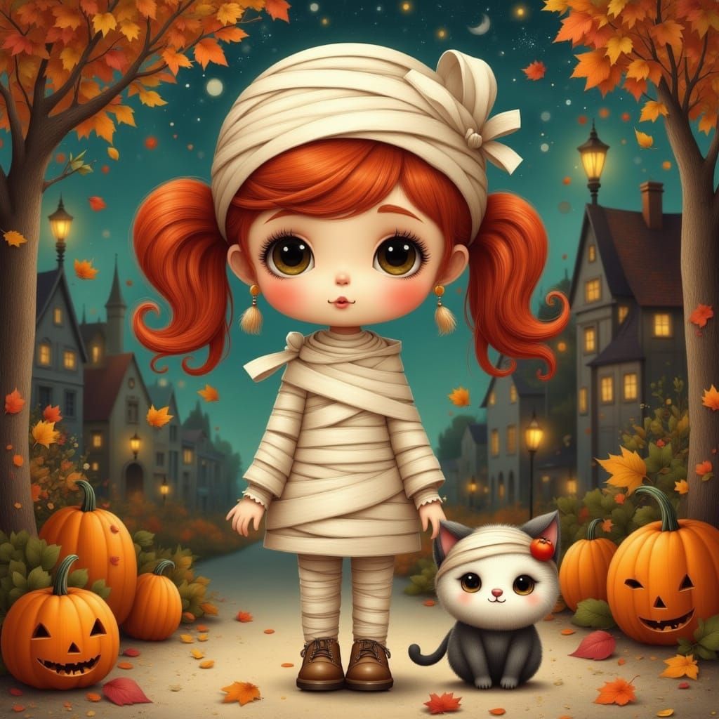 Cute Mummy Girl and Cat in Autumn Town