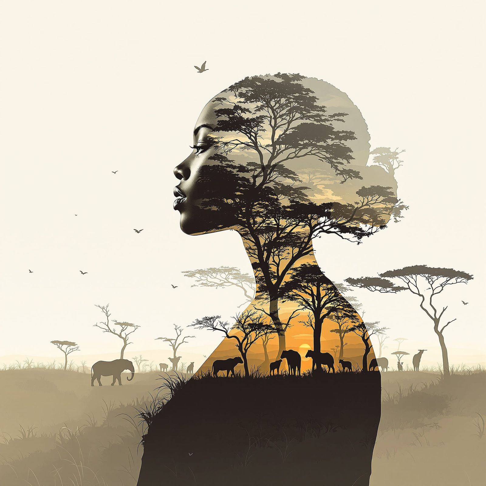African Savannah Double Exposure Sketch