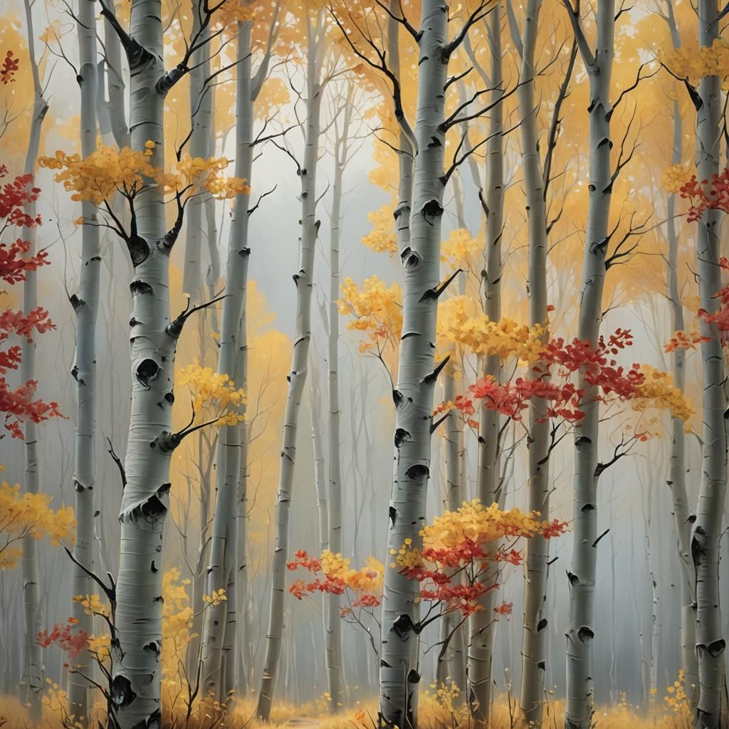 Misty Aspen Valley Oil Painting