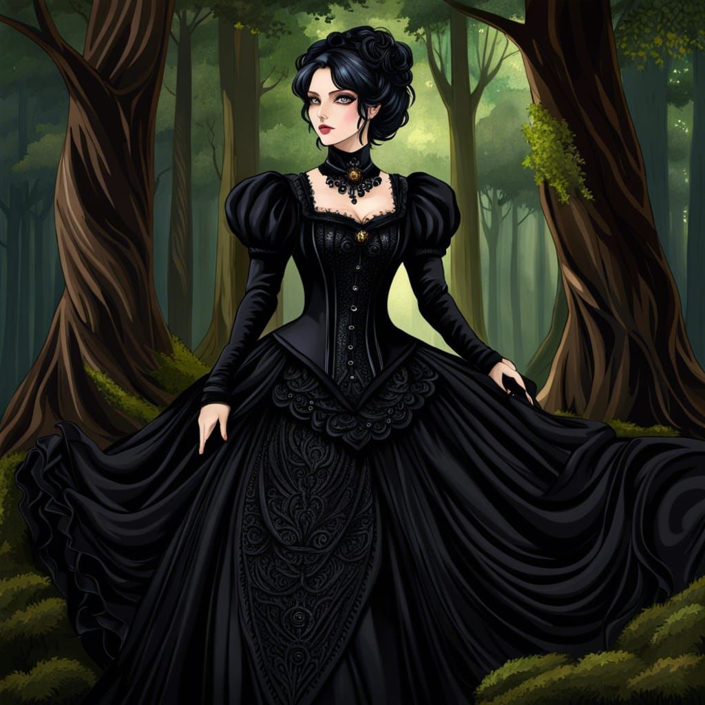 Gothic Victorian Woman in Anime Style Forest
