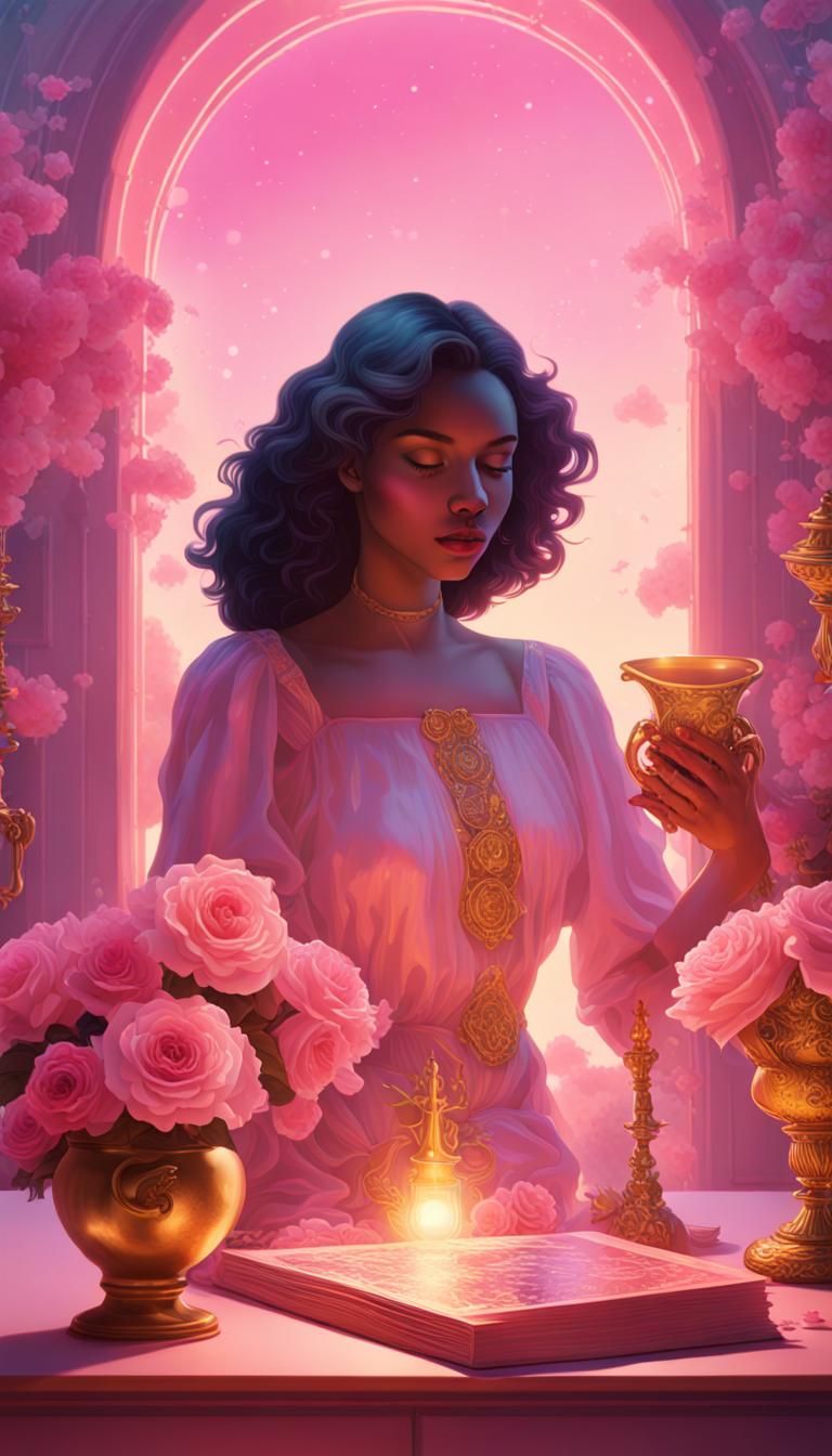 Vaporwave Sorceress with Tarot Cards and Roses