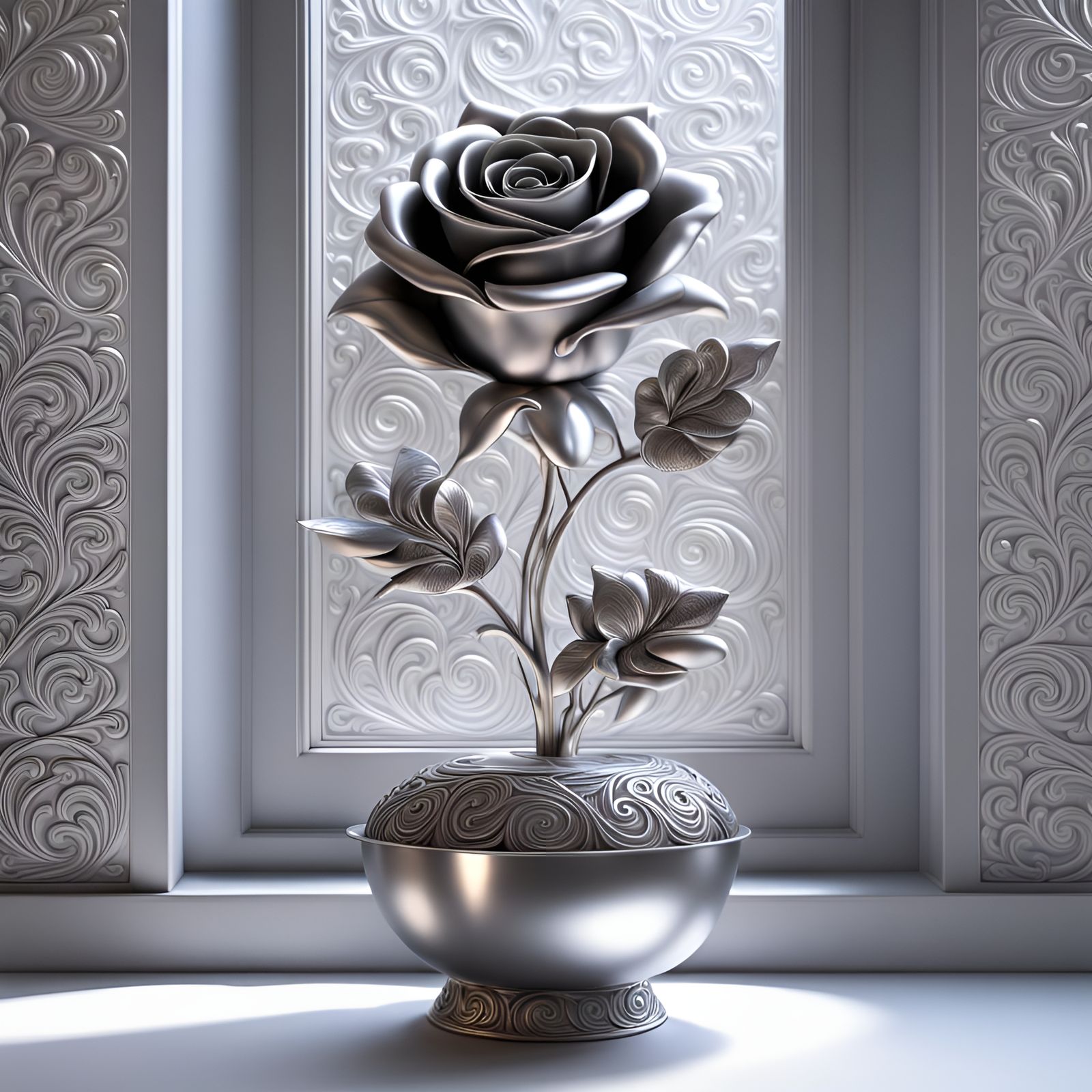 Silver Metal Rose with Embossed Vase