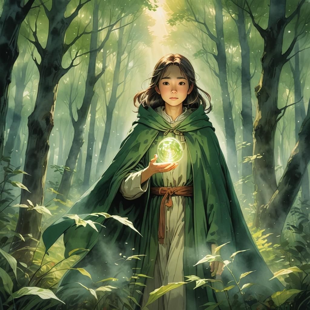 Woman with Seed in Forest, Miyazaki-Inspired Art