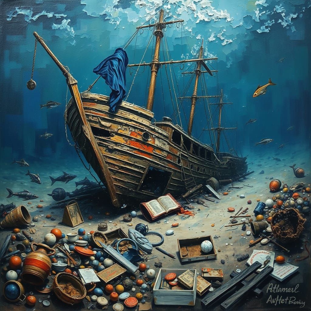 Underwater Shipwreck in Impasto Oil Painting Style