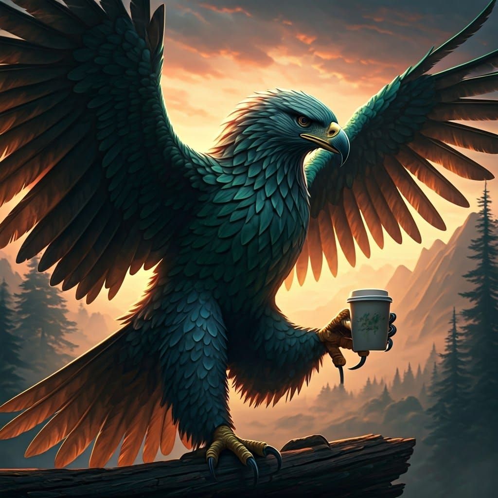 Eagle Sipping Coffee in Fantasy Landscape