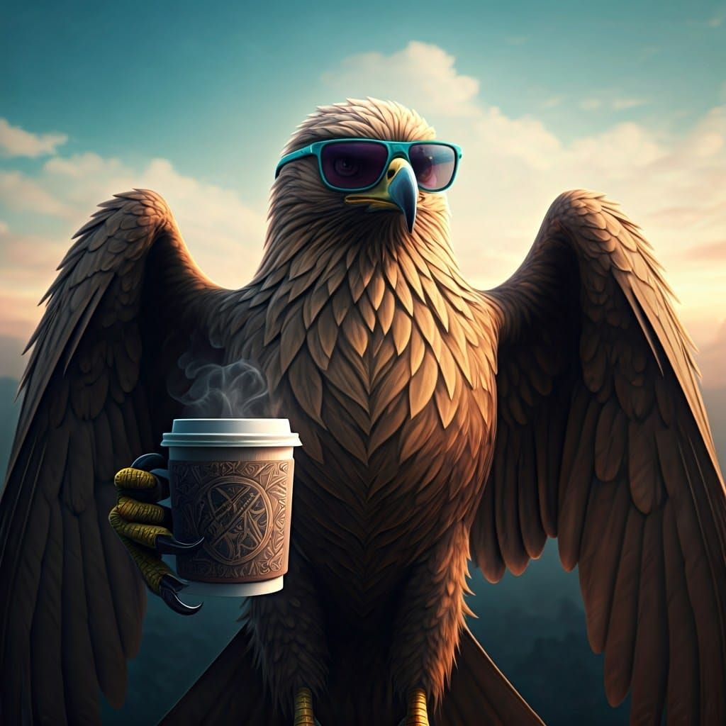 Eagle in Green Shades Drinks Coffee: Digital Art