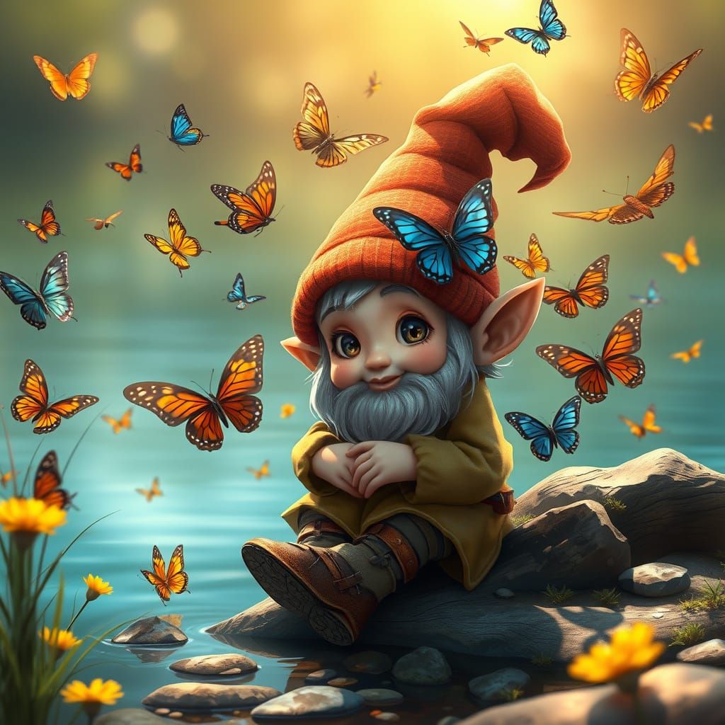 Whimsical Gnome Surrounded by Colorful Butterflies in a Sere...