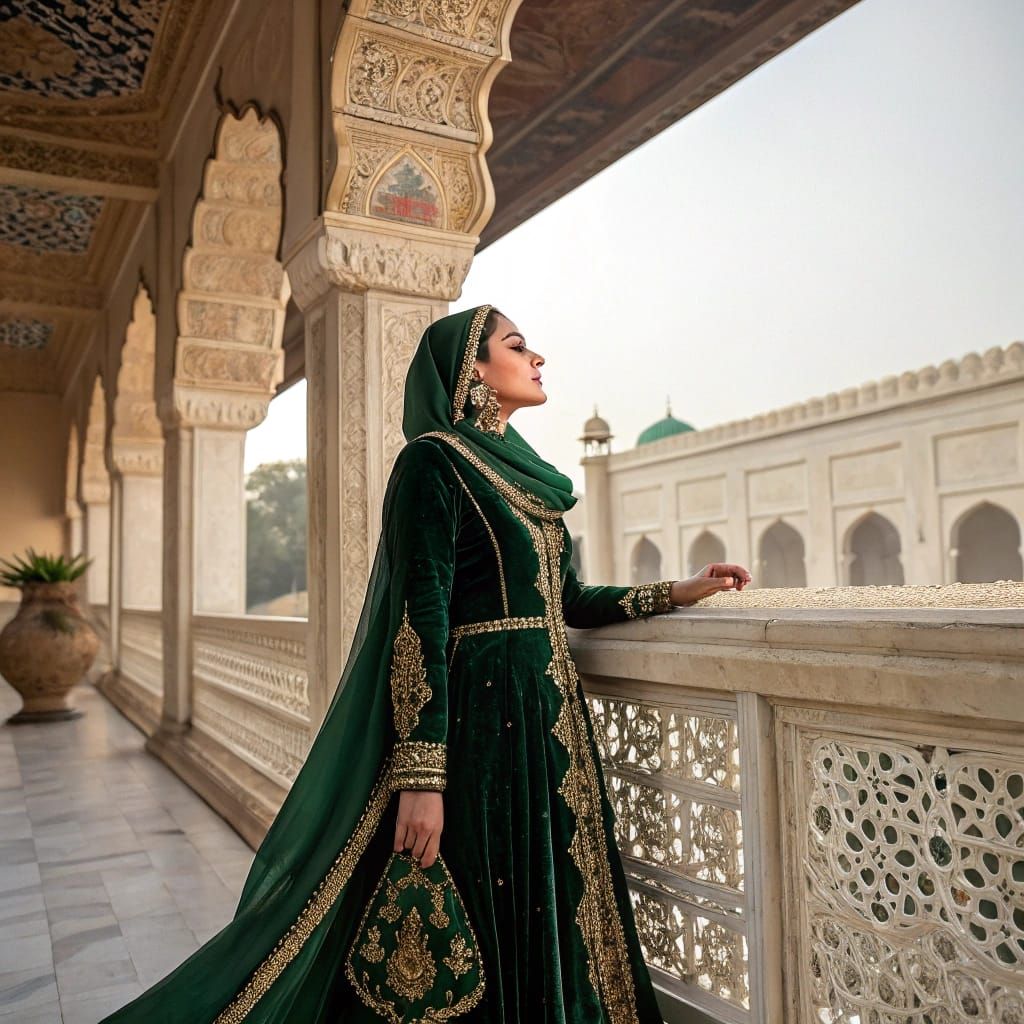 Mughal Woman in Palace Balcony, Hyper-Realistic 3D Rendering