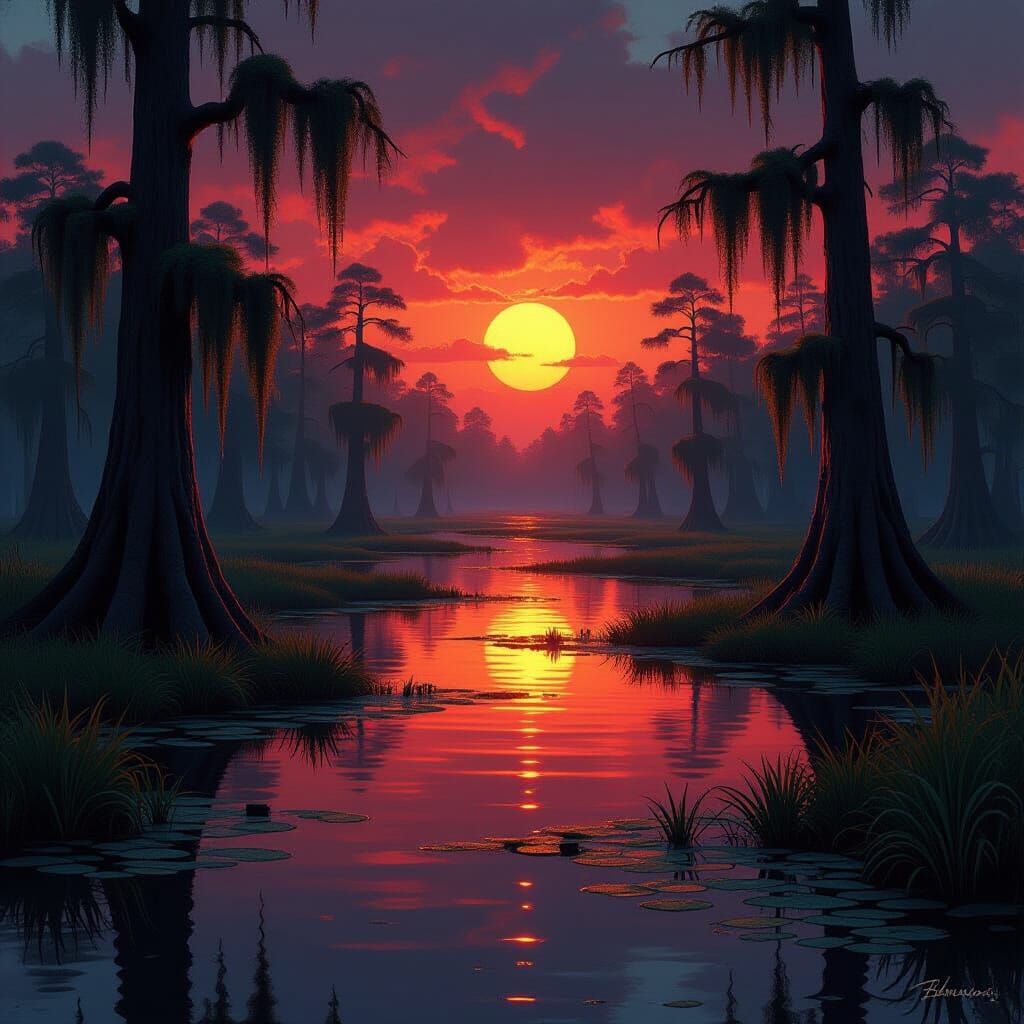 Mysterious Dark Swamp at Sunset
