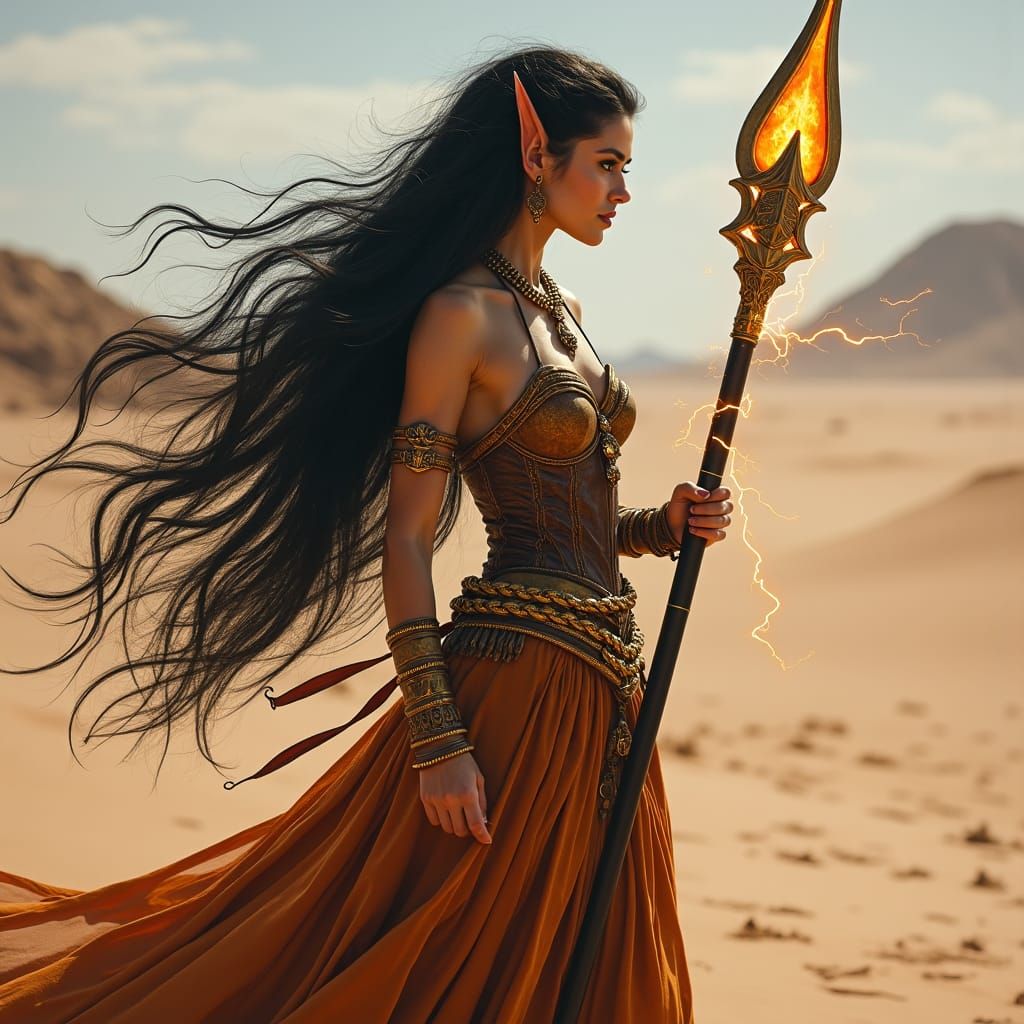 Elven Warrior in Arid Desert Landscape