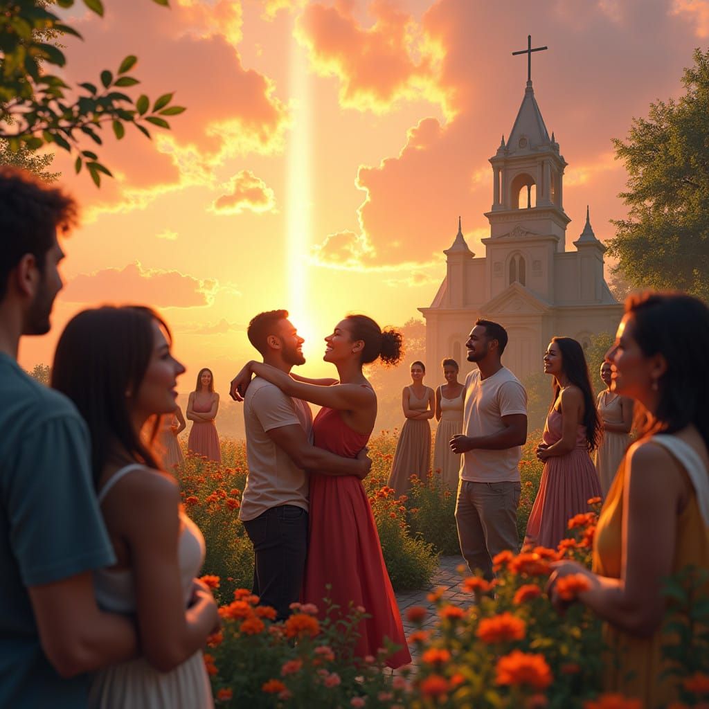 Joyful Multicultural Celebration at Dusk in a Garden Sanctua...