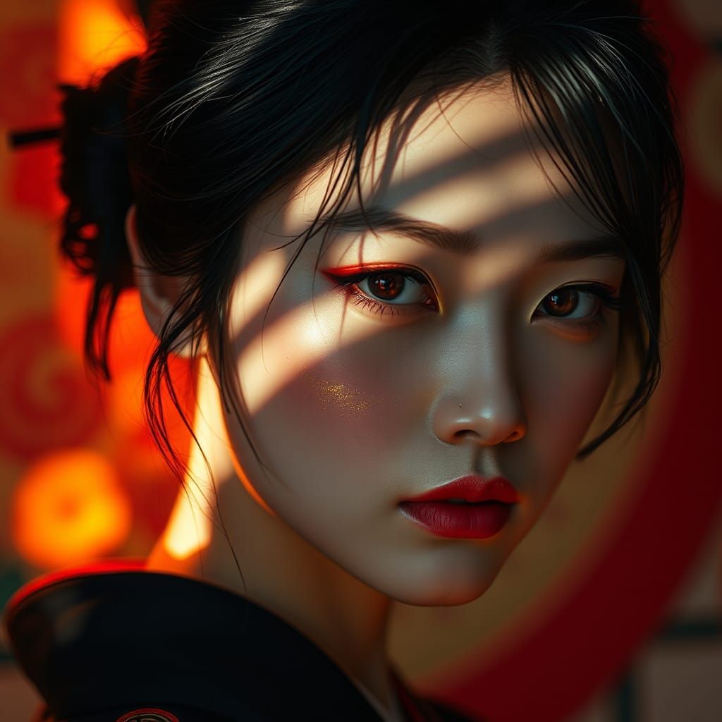 Ethereal Japanese Woman Portrait with Golden Accents