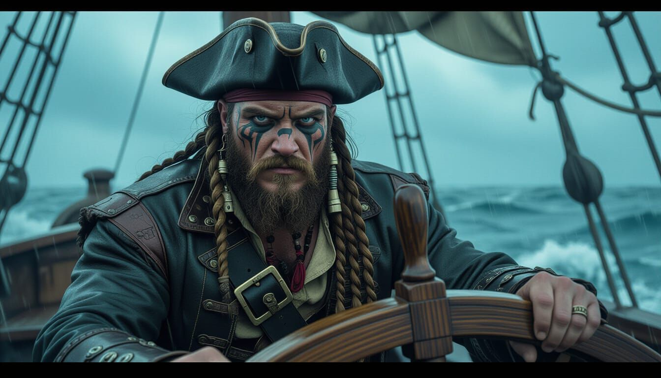Barbarian Pirate at Helm in Storm, Cinematic Style