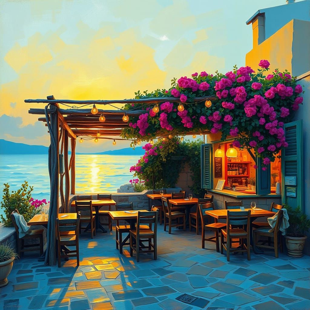Impressionist Seaside Taverna at Dusk