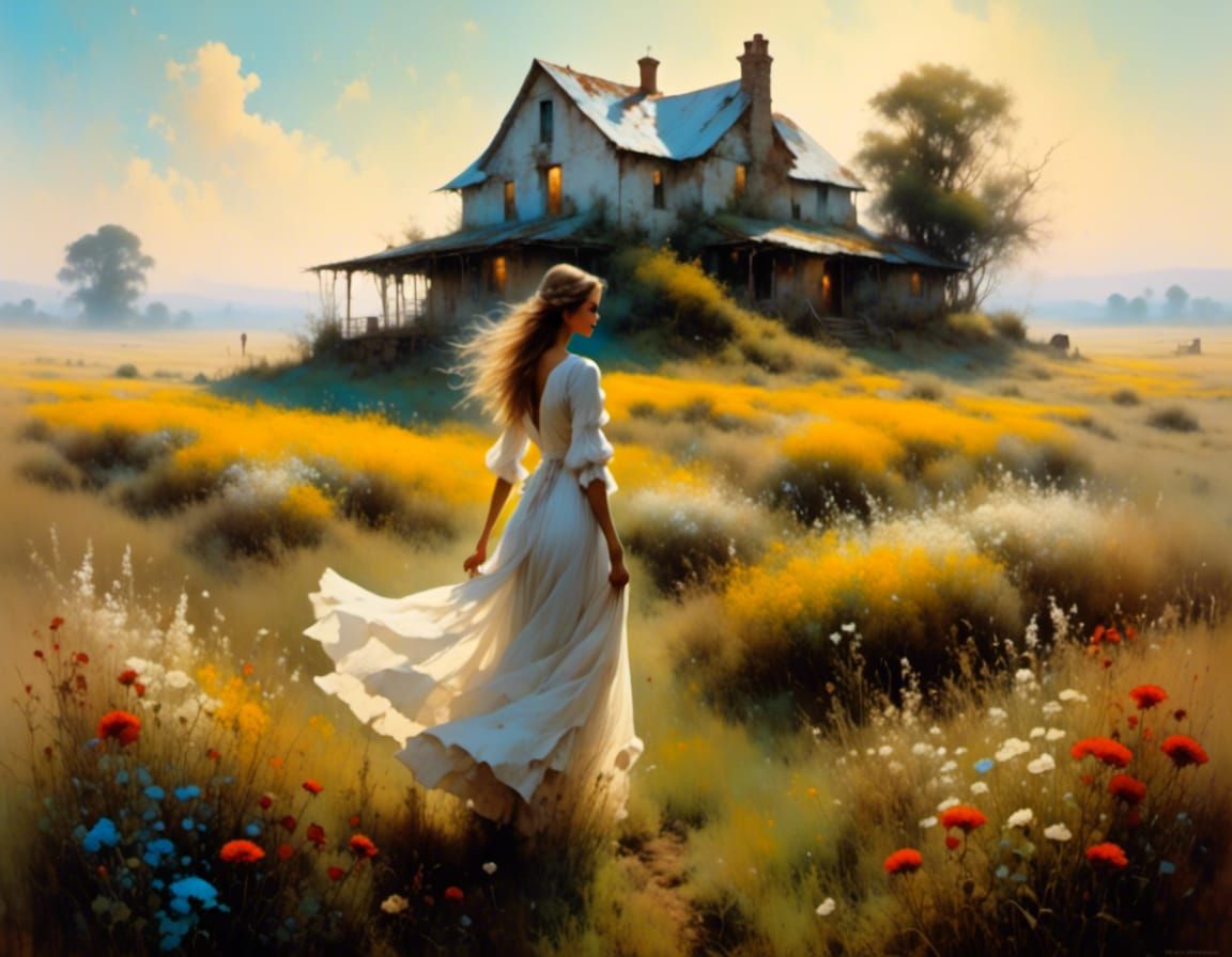 Cottagecore Girl Dancing in Misty Prairie Flower Field