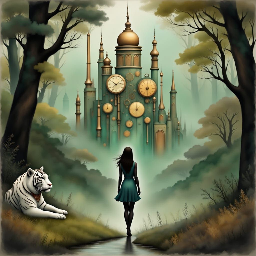 Tiger laying before a hidden jungle city in the Steamdeco Pu...