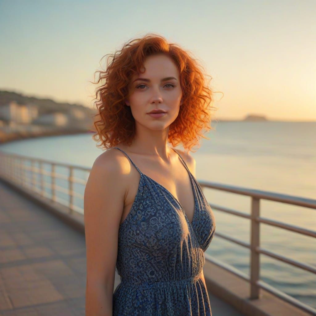 Portrait of a Curly Red Haired Woman in Golden Hour
