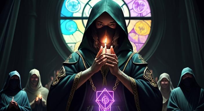 Dramatic Illuminati Gathering in Dark Fantasy Style