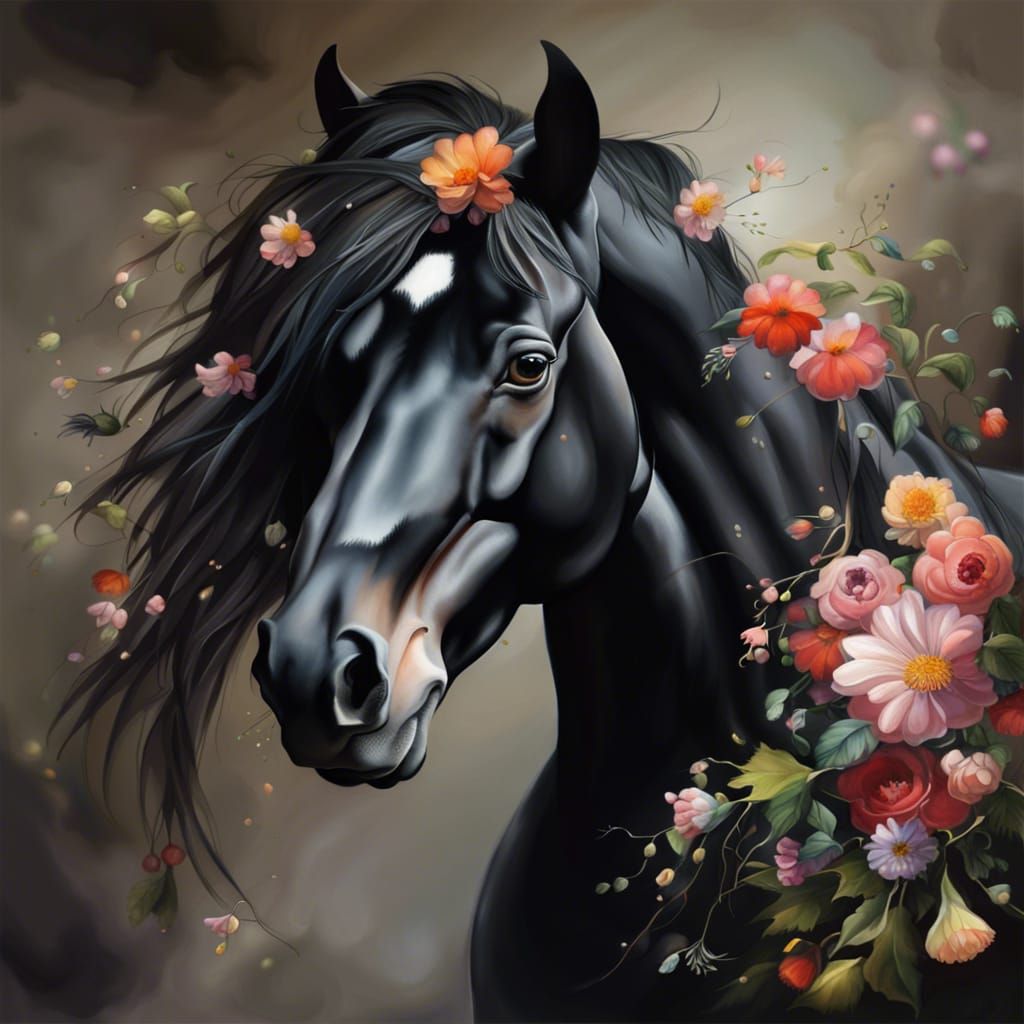 Realistic Black Horse with Floral Adornments Painting