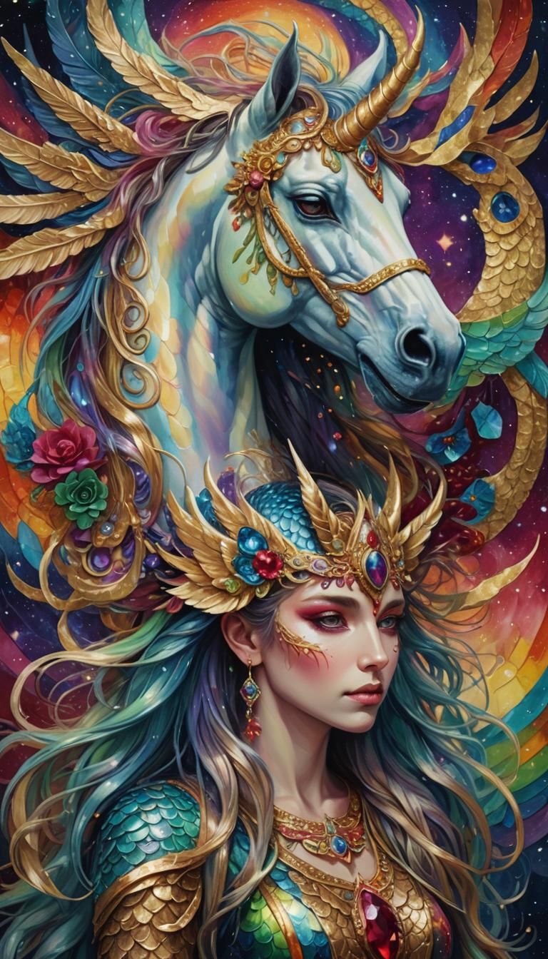 Double-Headed Mythological Creature in Surrealist Fantasy St...