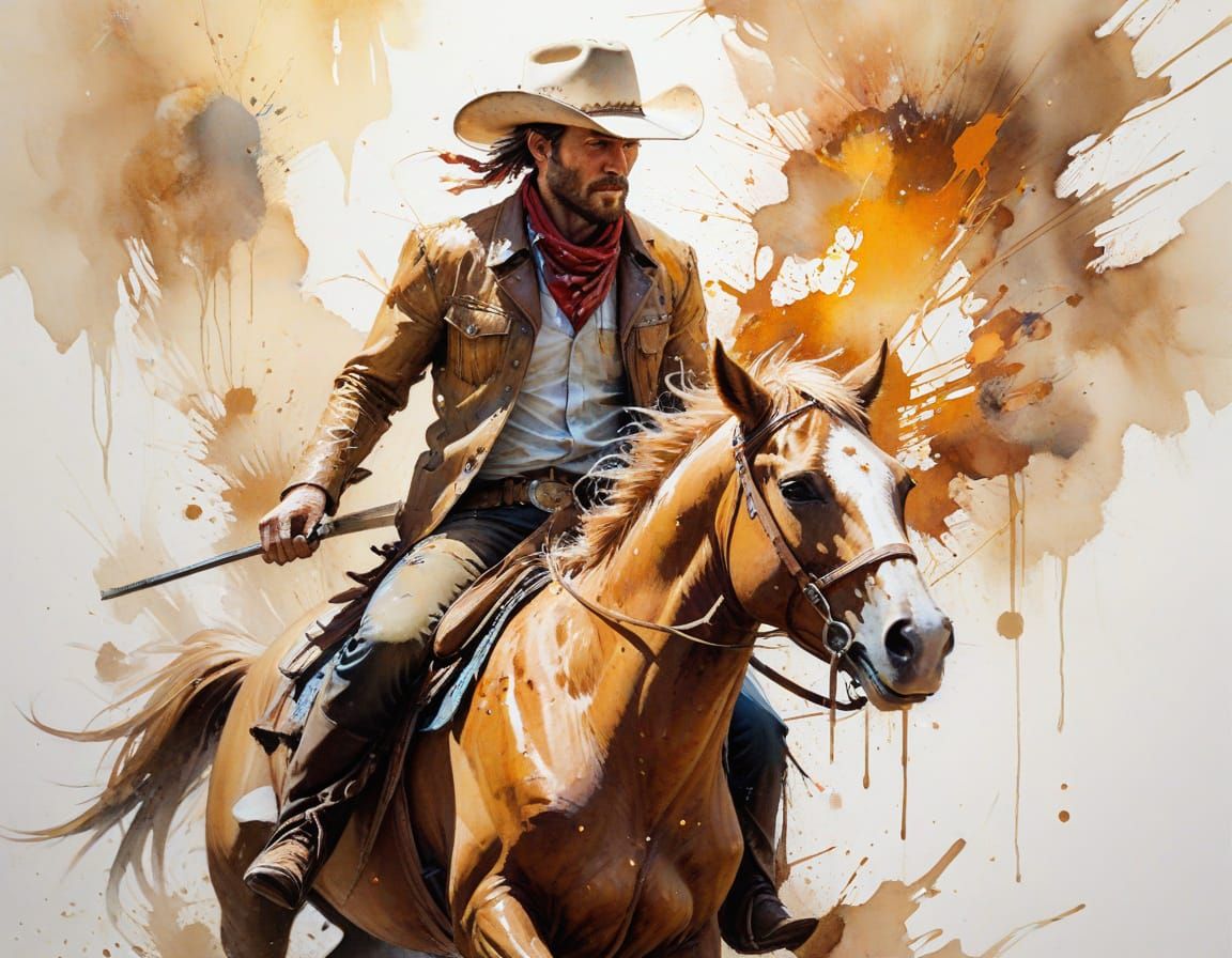 Western Cowboy Riding Bronco in Vibrant Watercolour Style