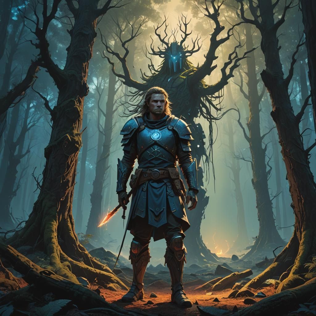 Mystical Warrior in Ancient Forest: Fantasy Concept Art