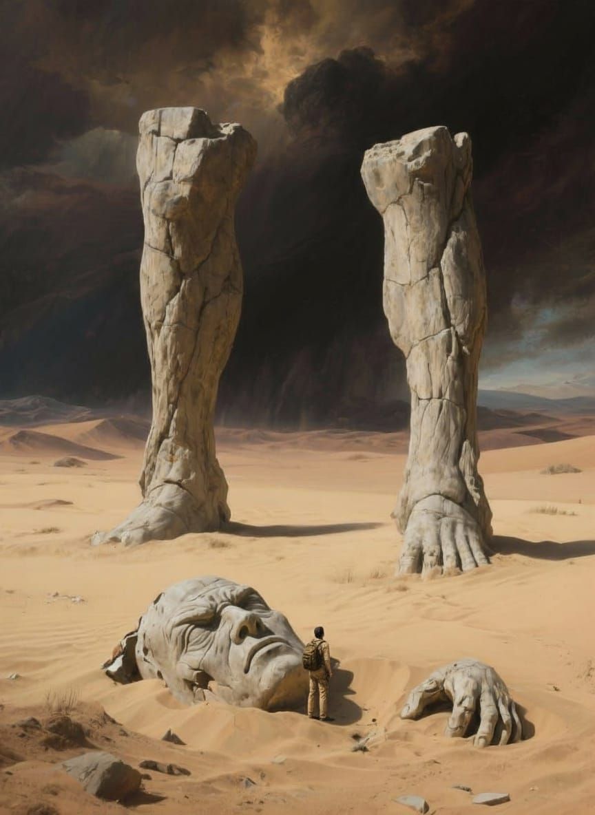 Shattered Ozymandias Statue in Desert Landscape