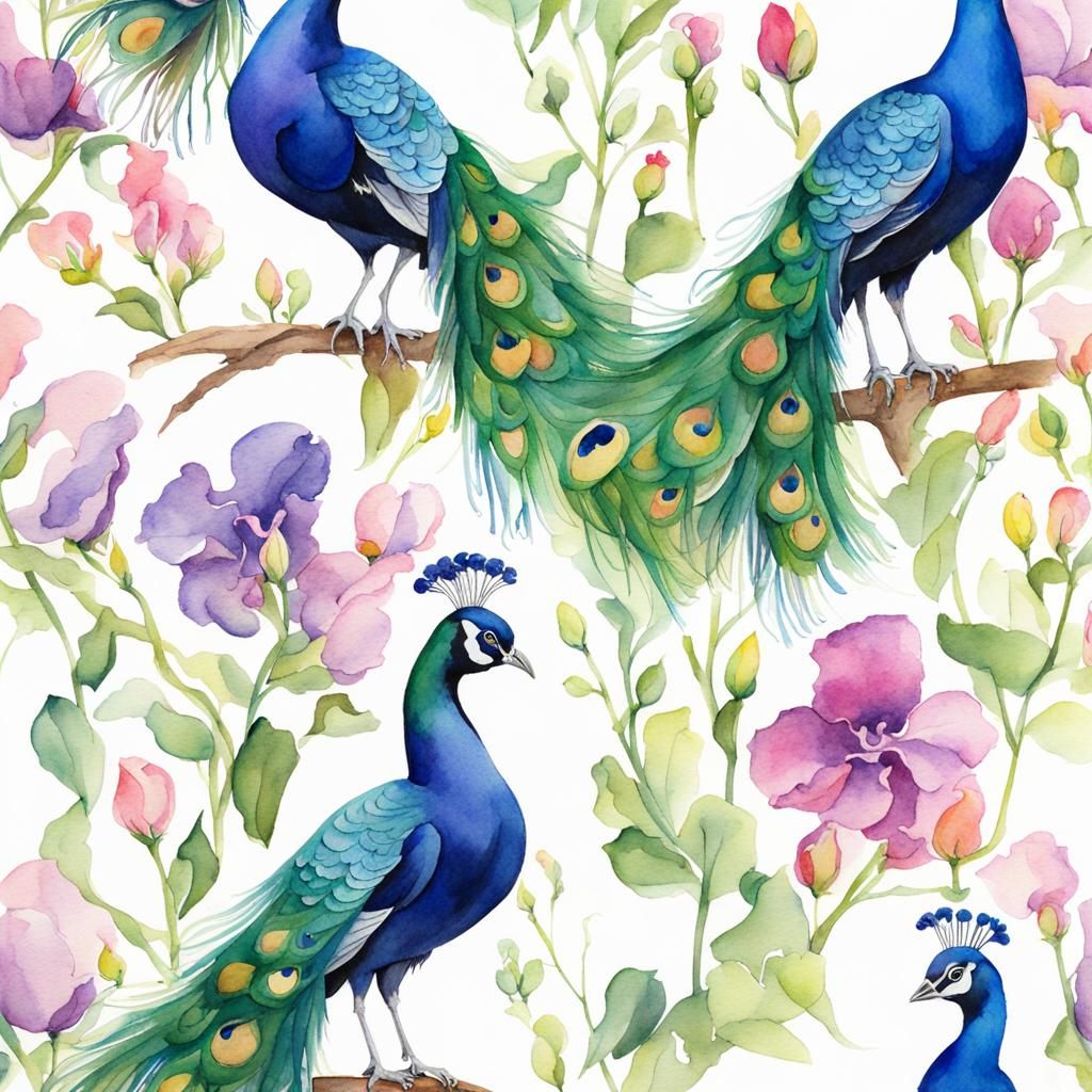 Peacock Sweetpea Watercolor Painting