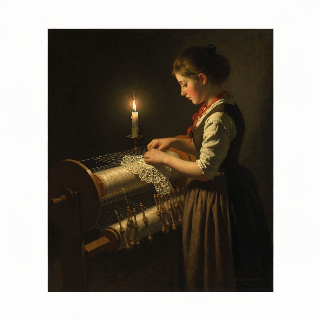 Girl Weaving Lace by Candlelight, Impressionist Oil Painting