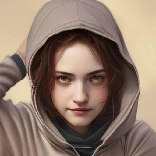 Smiling Girl in Hoodie: Detailed Fantasy Portrait