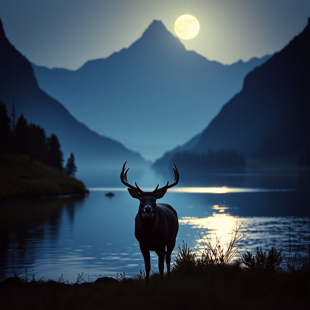 Majestic Buck in Moonlight: Cinematic River Scene