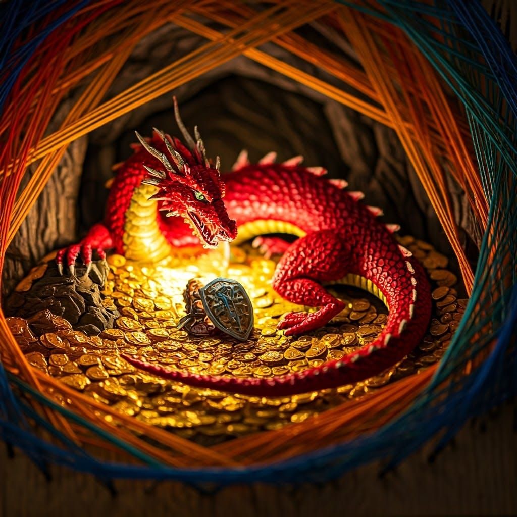 Red Dragon Battle in String Art Style