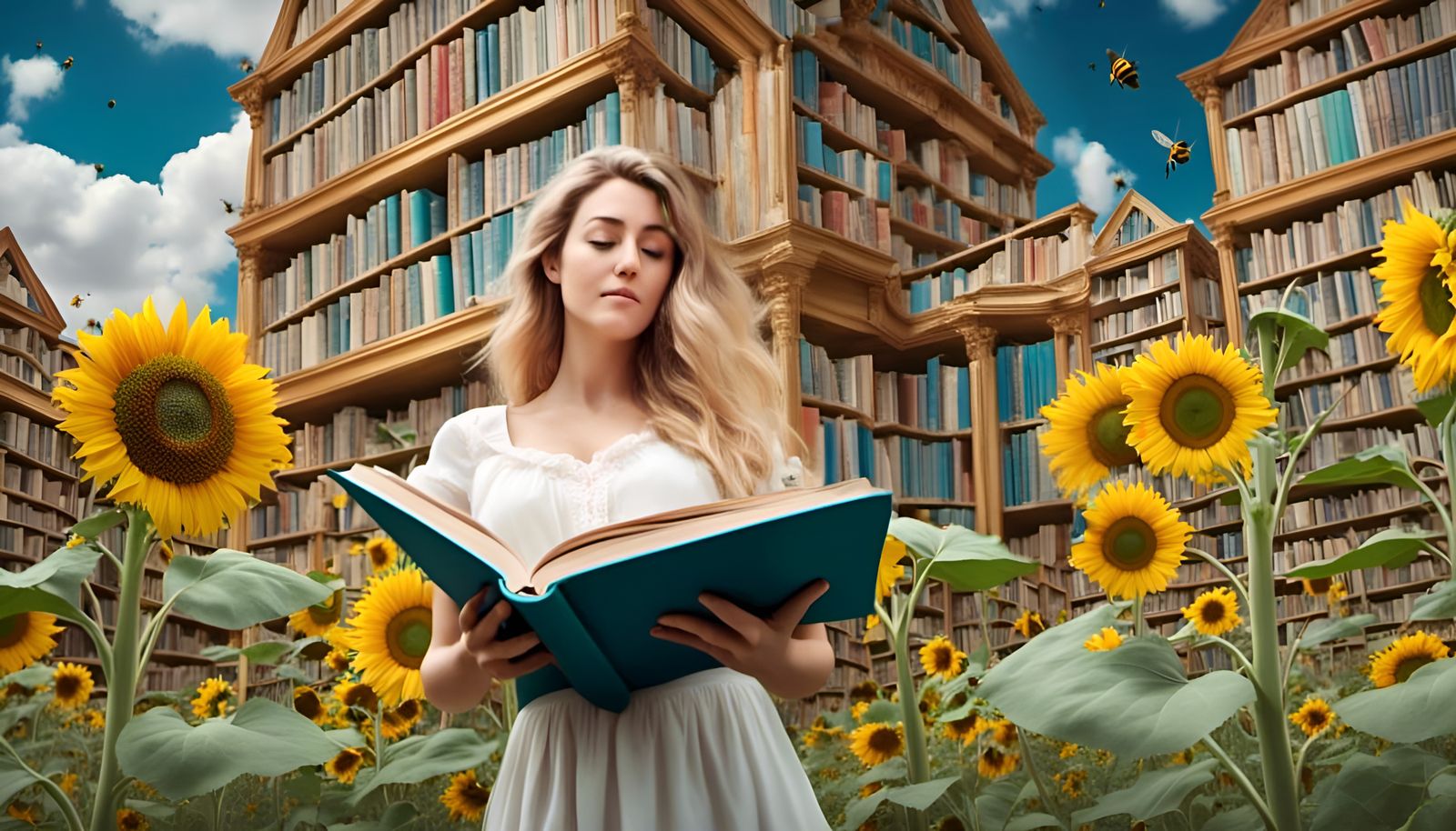 Sunflowers and Bees in Storybook Style