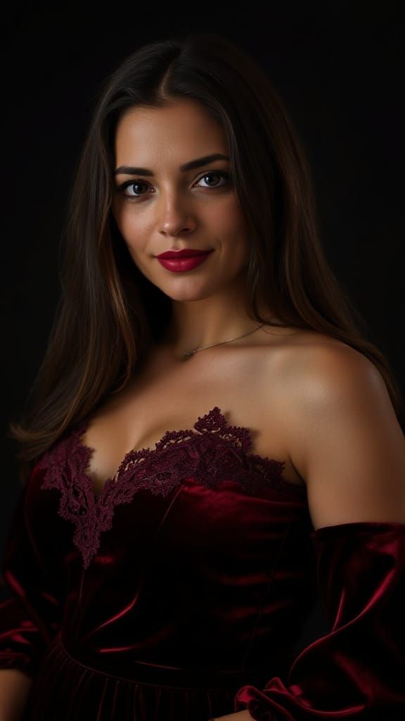 Elegant Woman in Crimson Velvet, Portrait in Dramatic Lighti...