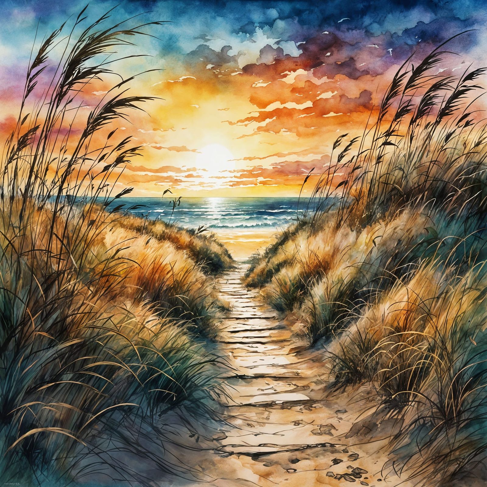 Ocean Beach Path: Digital Watercolor Seasonscape