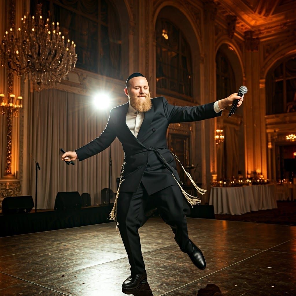 Joyful Hasidic Singer in Ornate Wedding Hall