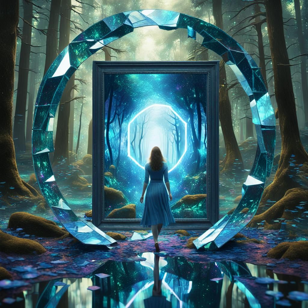 Woman Steps Through Portal in Mystical Forest